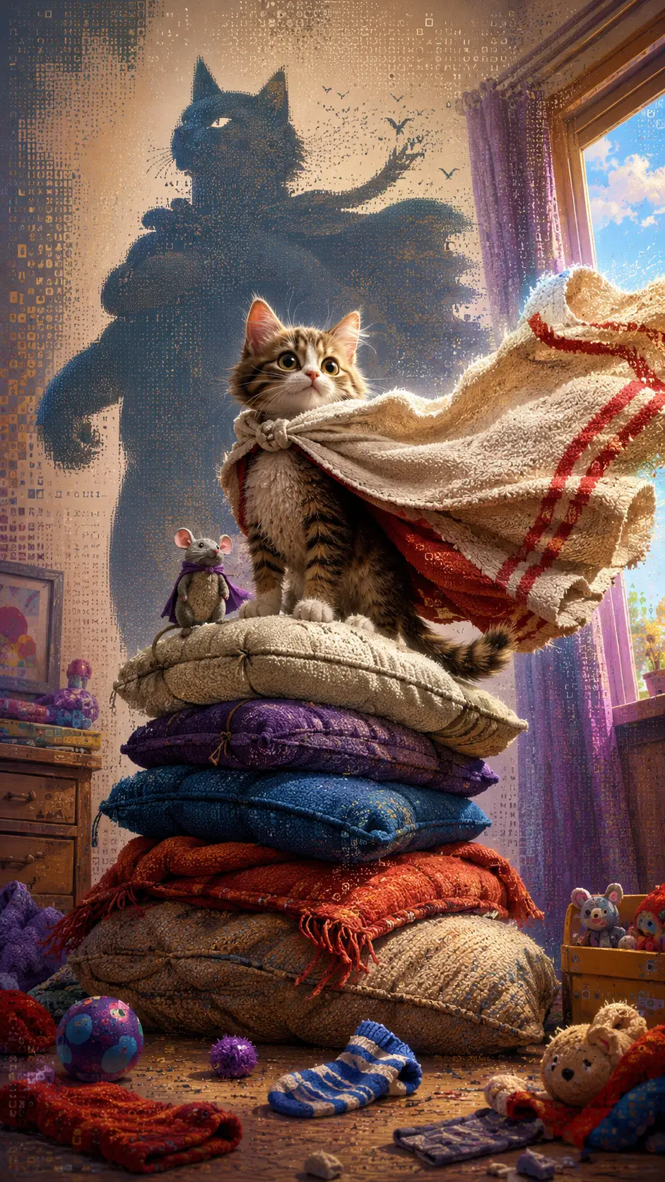Heroic kitten in a towel cape atop a cushion tower