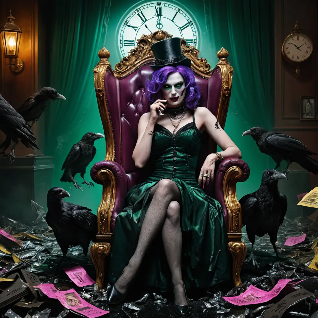 Fallen queen in a surreal gothic boudoir of dark humor
