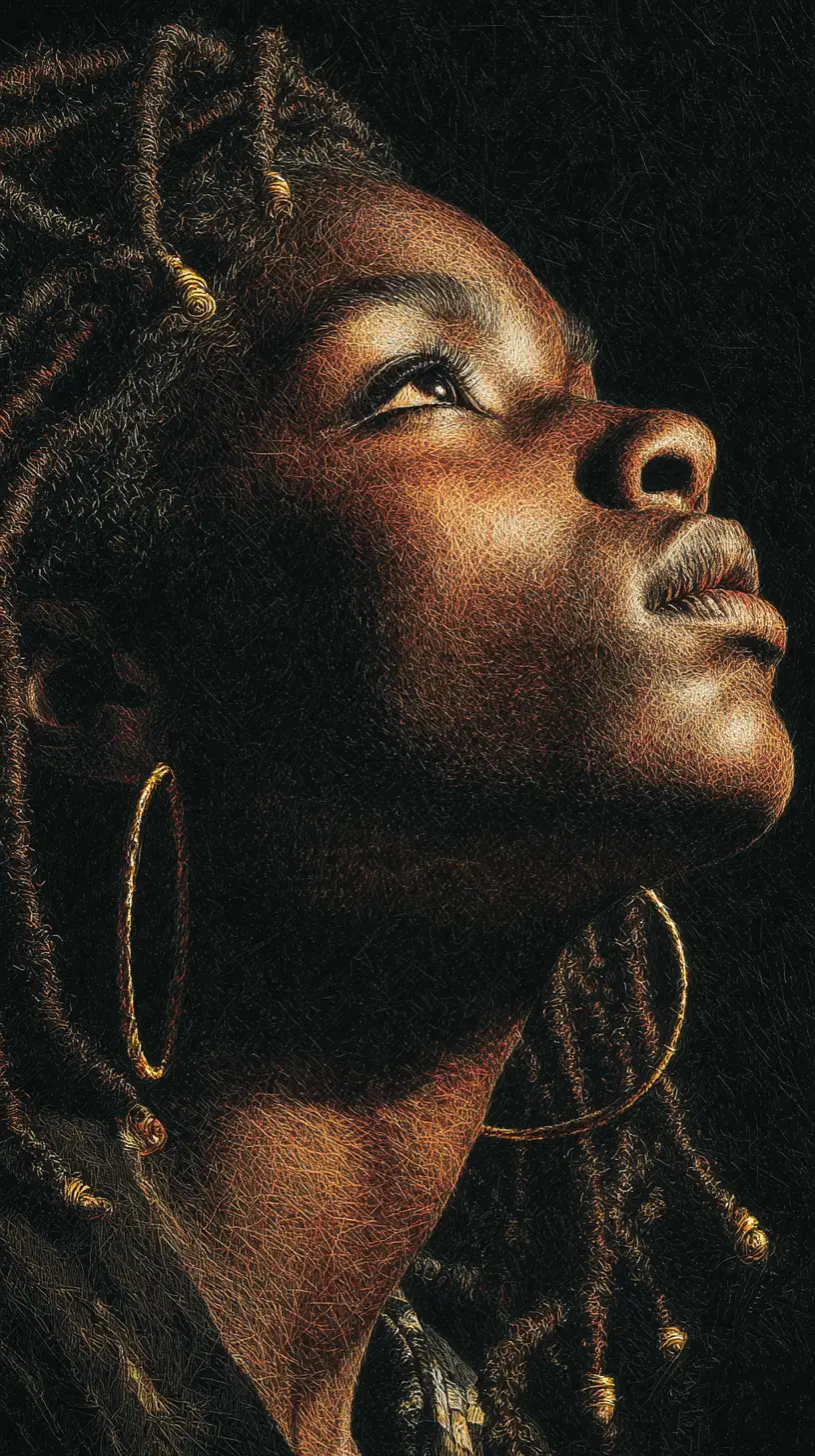 Colored pencil portrait of a young woman in low angle profile