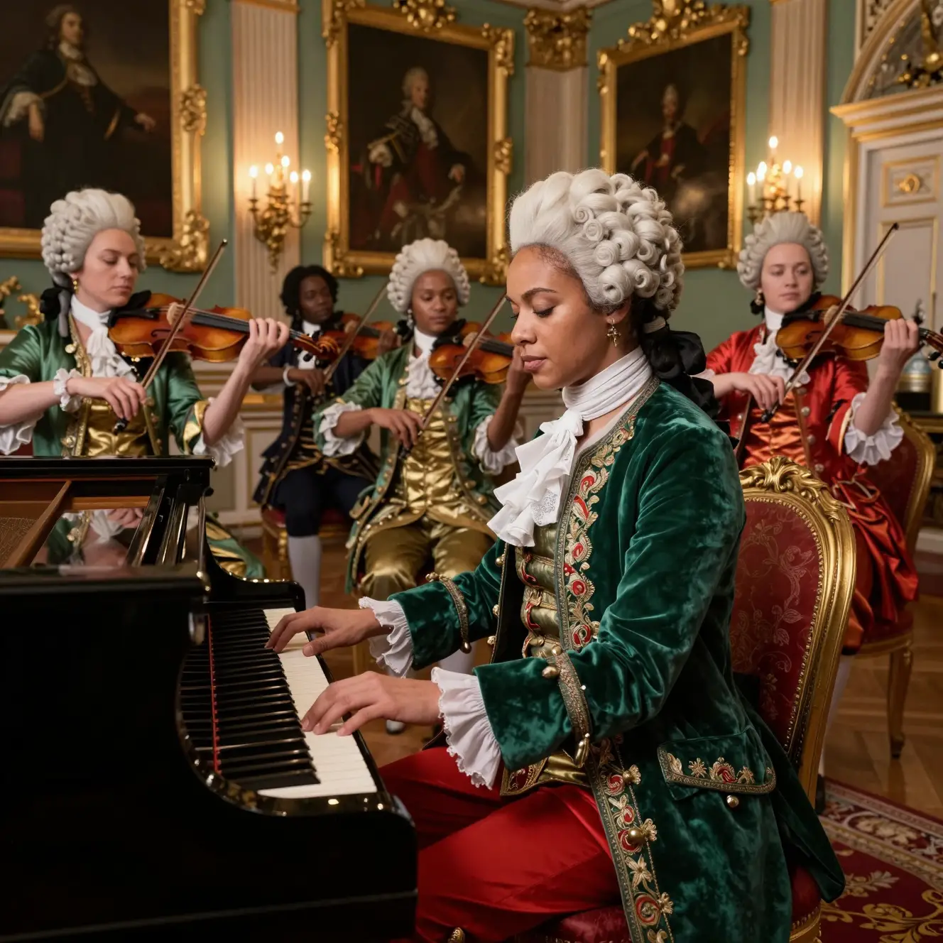 Elegant woman playing piano in a baroque palace hall