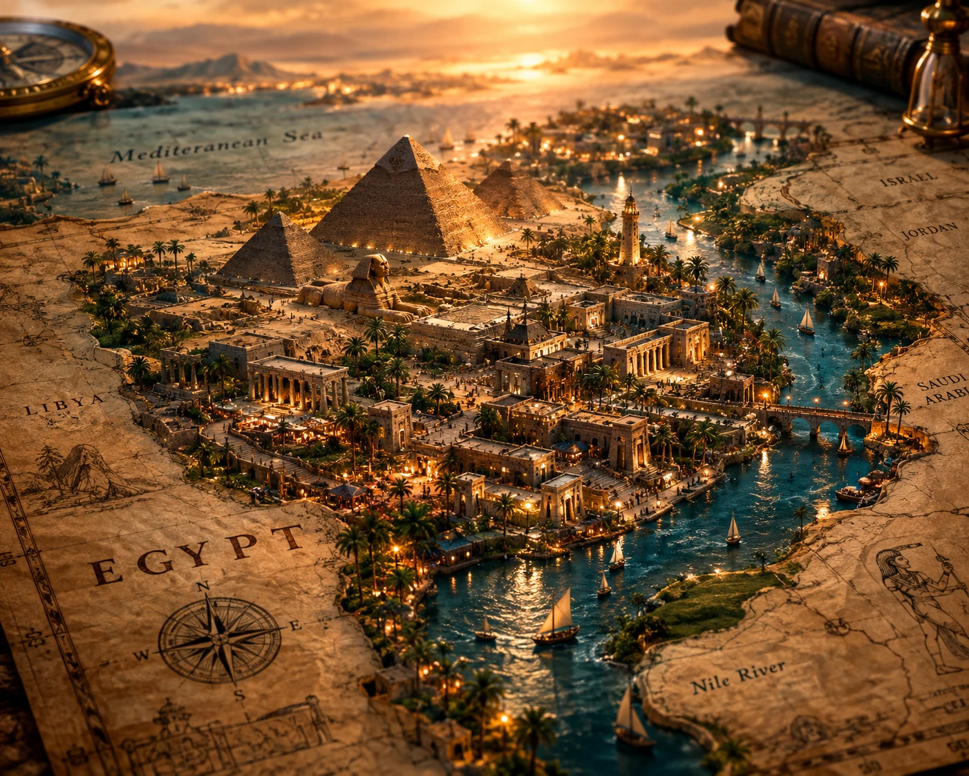 Miniature Egyptian city rising from antique atlas map
