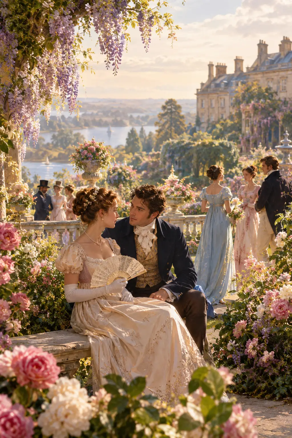 Elegant aristocratic couple in a sunlit English garden