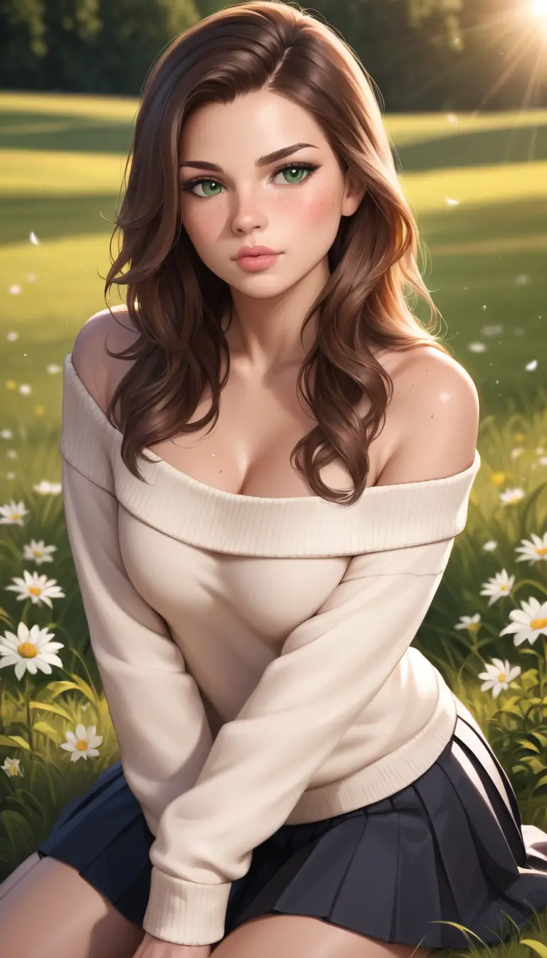 Young woman kneeling in a field with sunlit close up