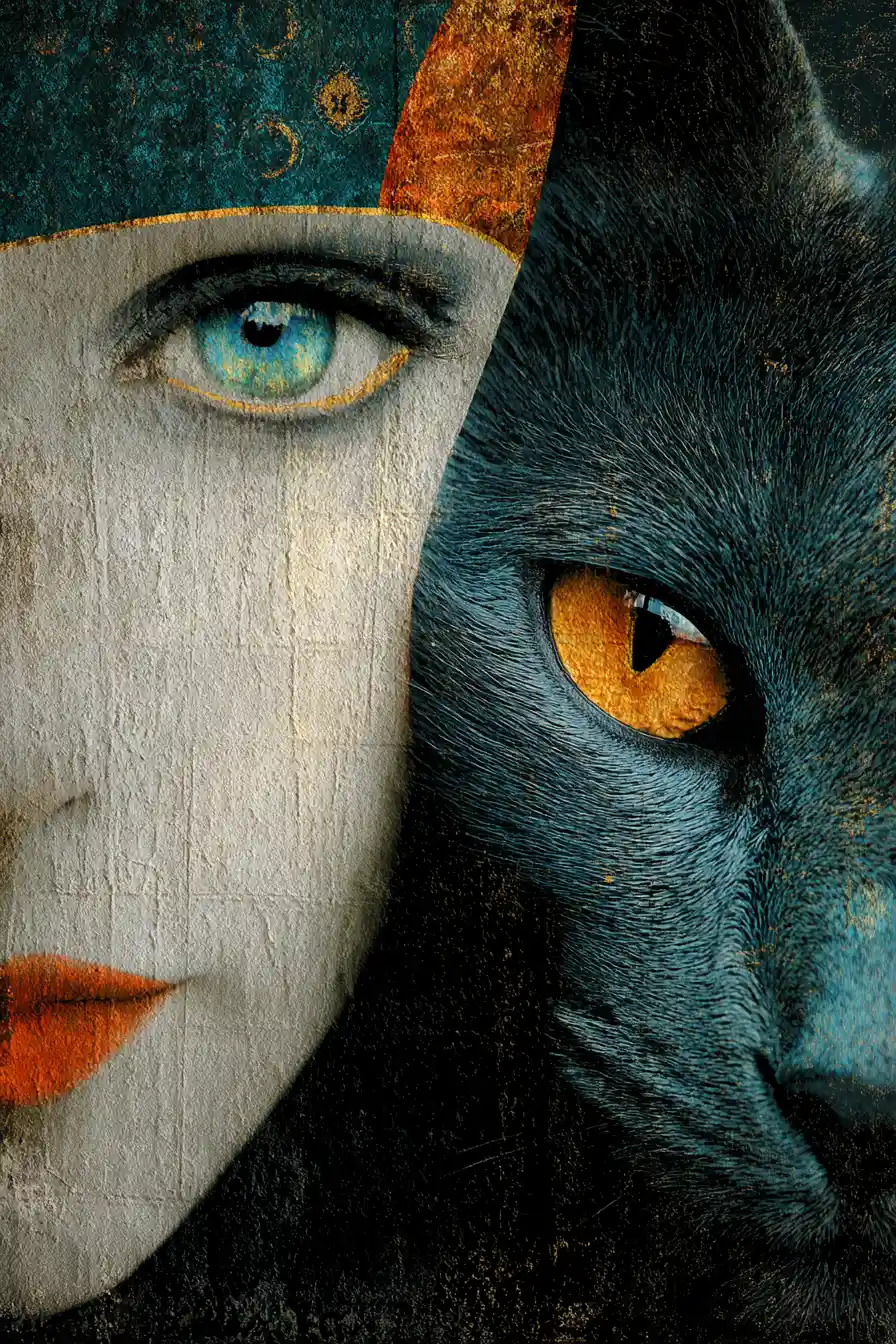 Portrait surréaliste de chat fashion aux yeux bleu-vert saisissants