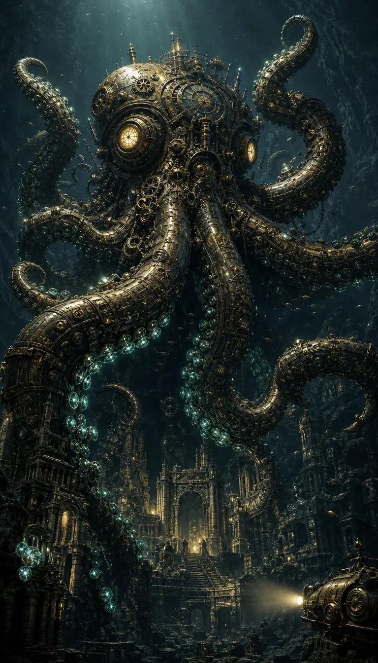 Kraken mecánico surgiendo de una fosa abisal steampunk