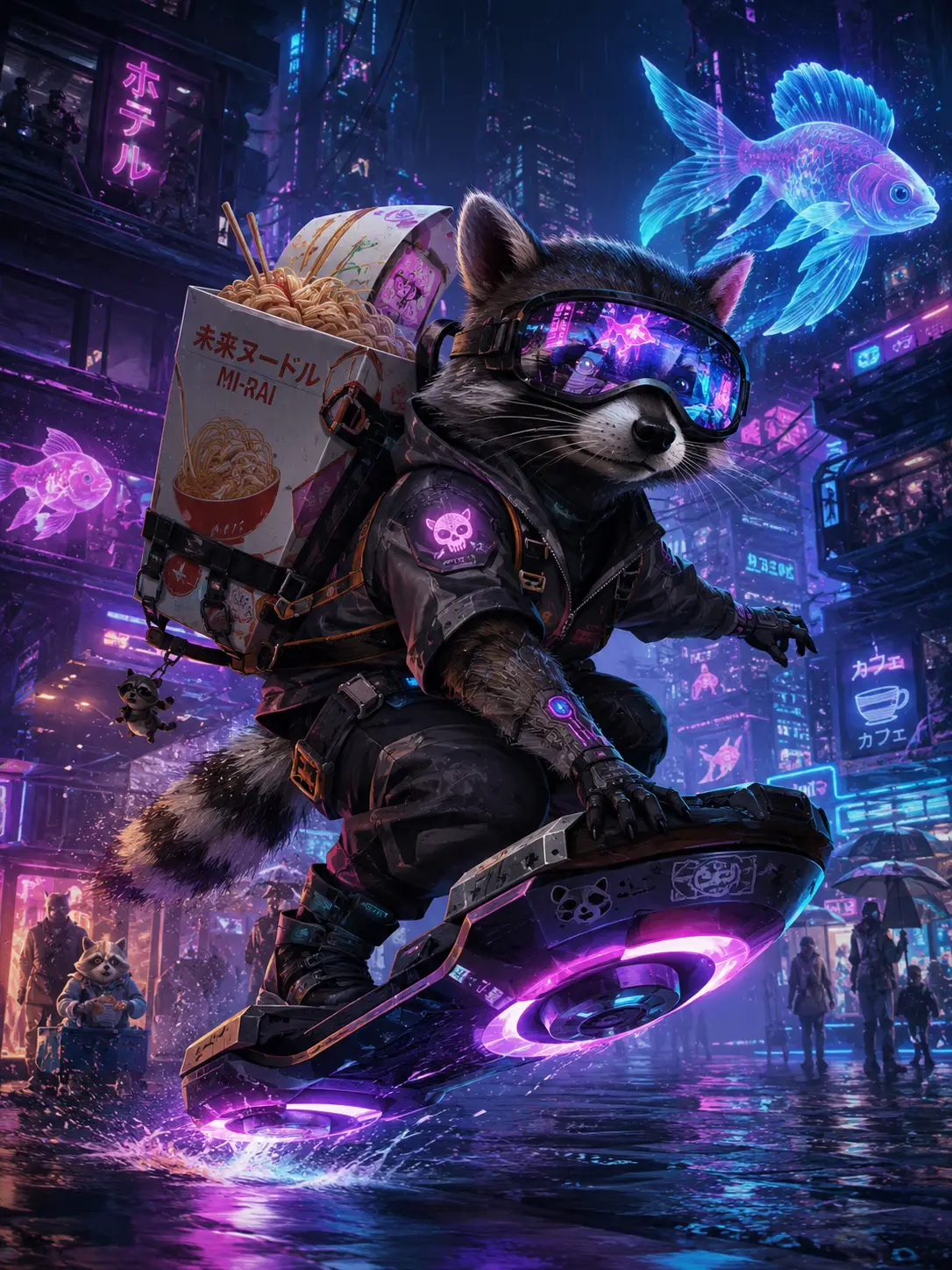Cyberpunk raccoon courier rides a hoverboard through neon alleys