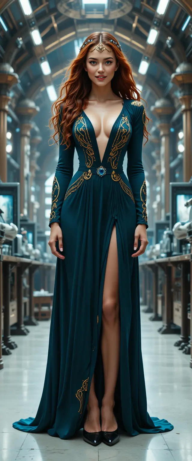 Smiling red haired woman in teal gown facing the camera