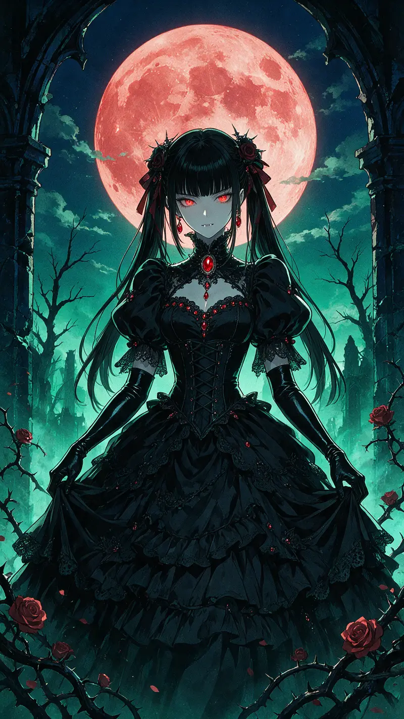 Gothic vampire woman before a coral full moon