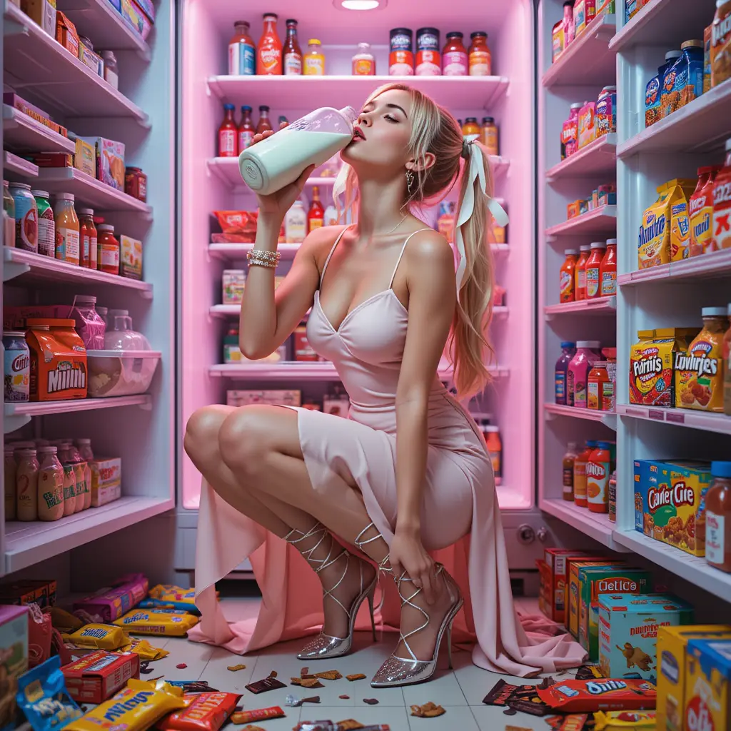 Glamorous blonde woman drinking milk by open fridge