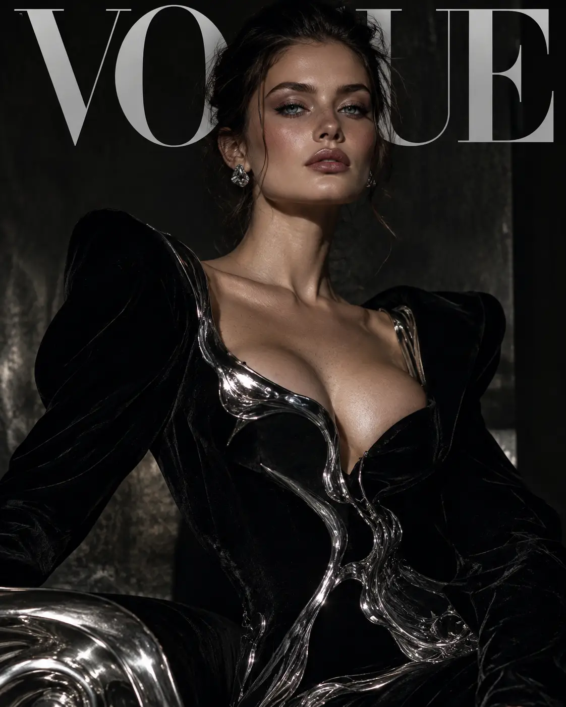 Editorial portrait of a fierce woman in couture gown