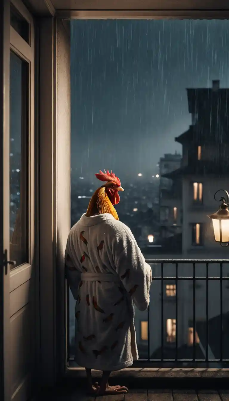 Rooster In Bathrobe Smoking On Rainy City Balcony
