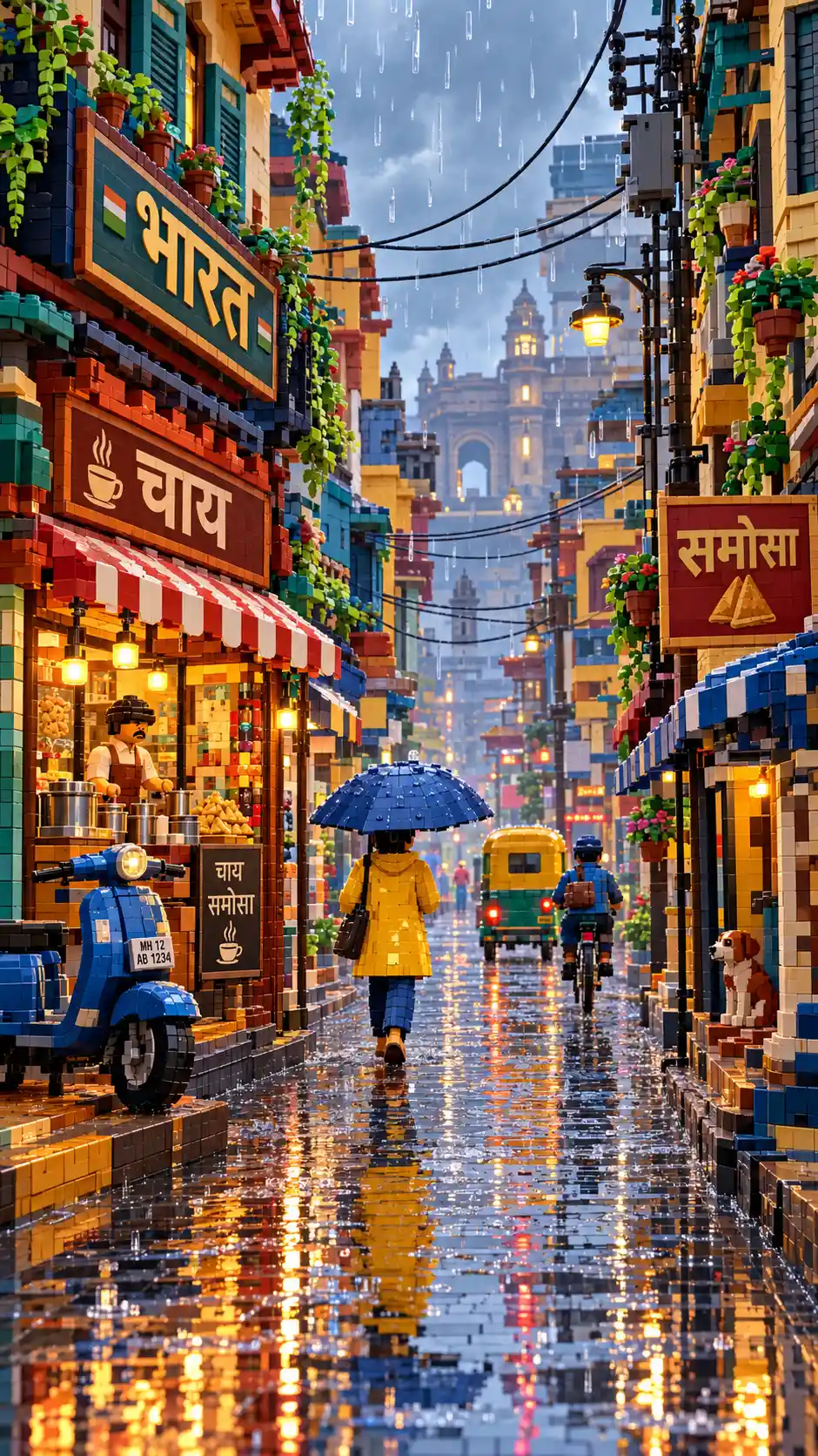 Indian brick city street in monsoon rain with scooter