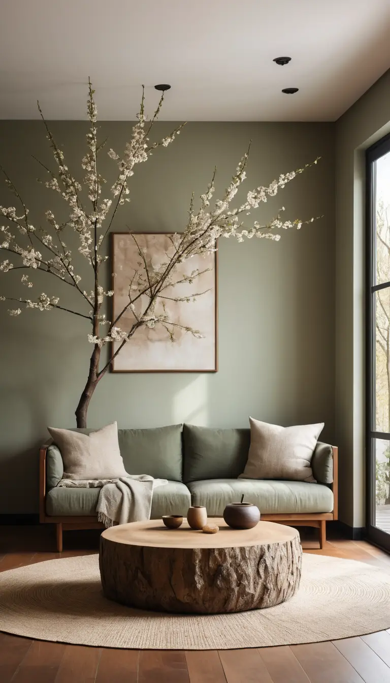 Minimalist zen living room with sofa and wall art