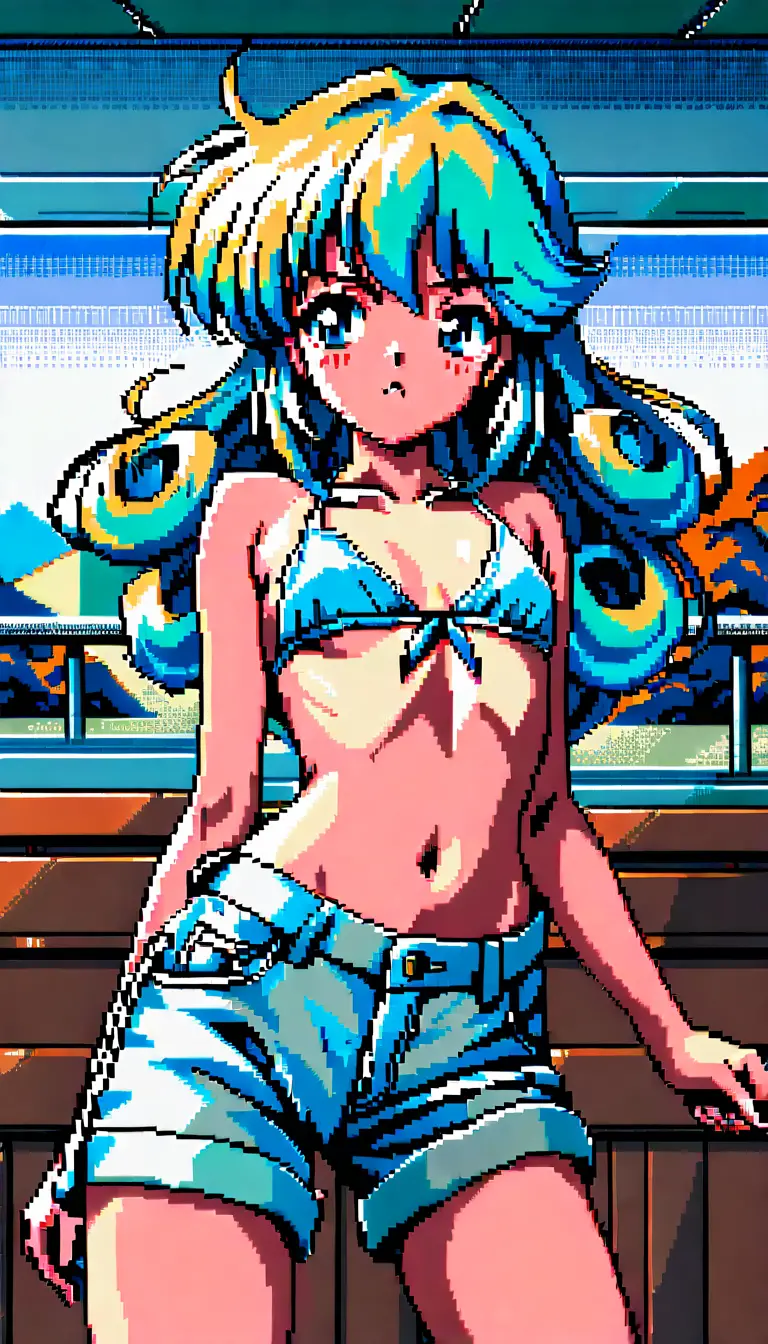 Two anime girls in pixel art office navigation scene