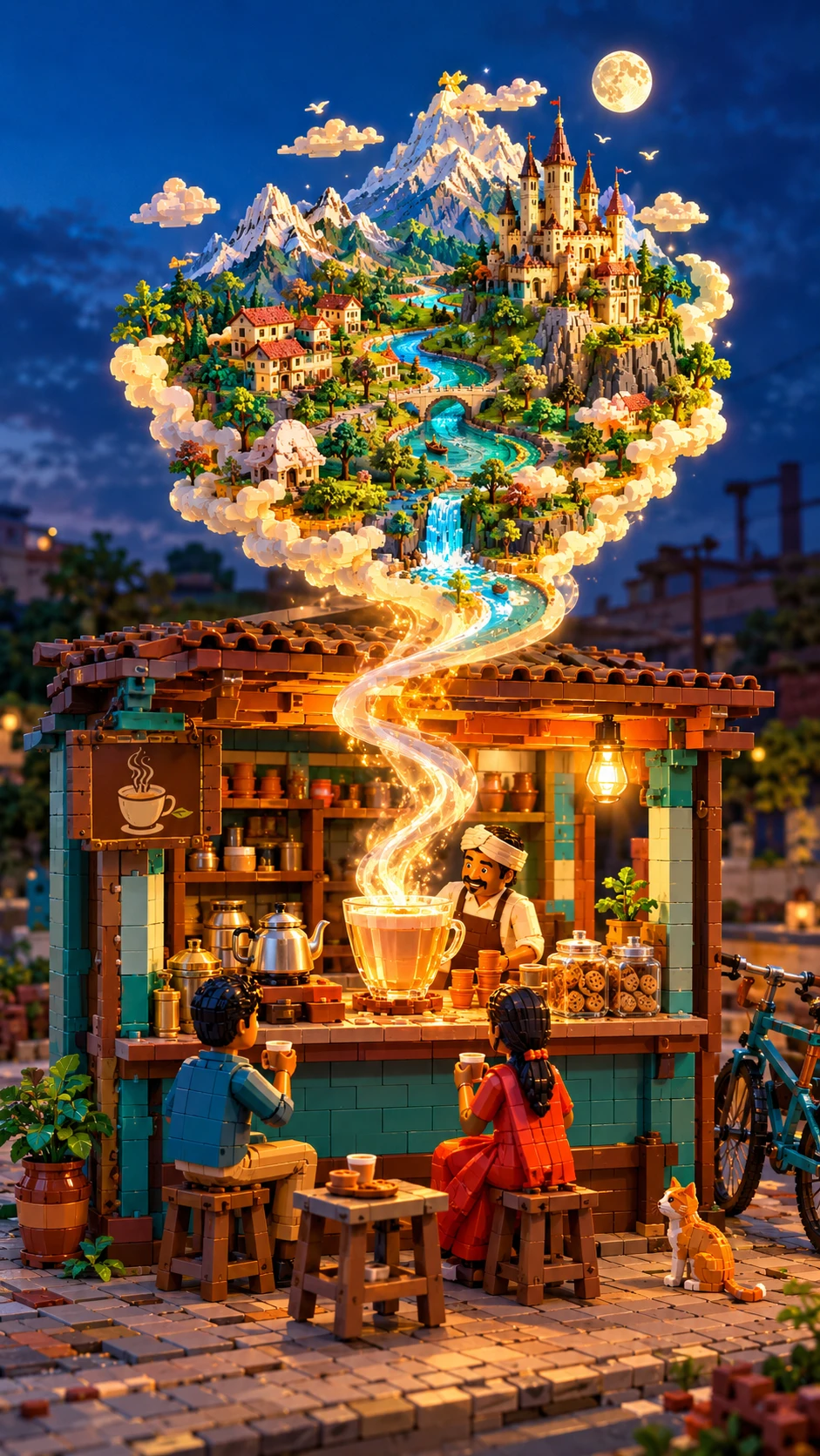 Indian chai stall with a magical universe rising from tea