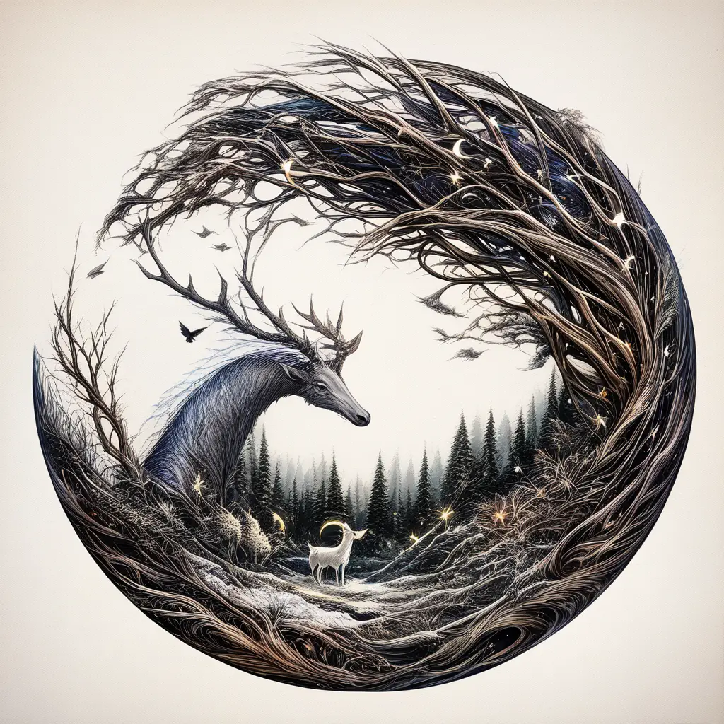 Forest goddess with antlers moon and gentle animals