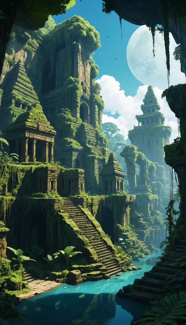 Ancient Jungle Cliff City Under Moonlight And Firelight