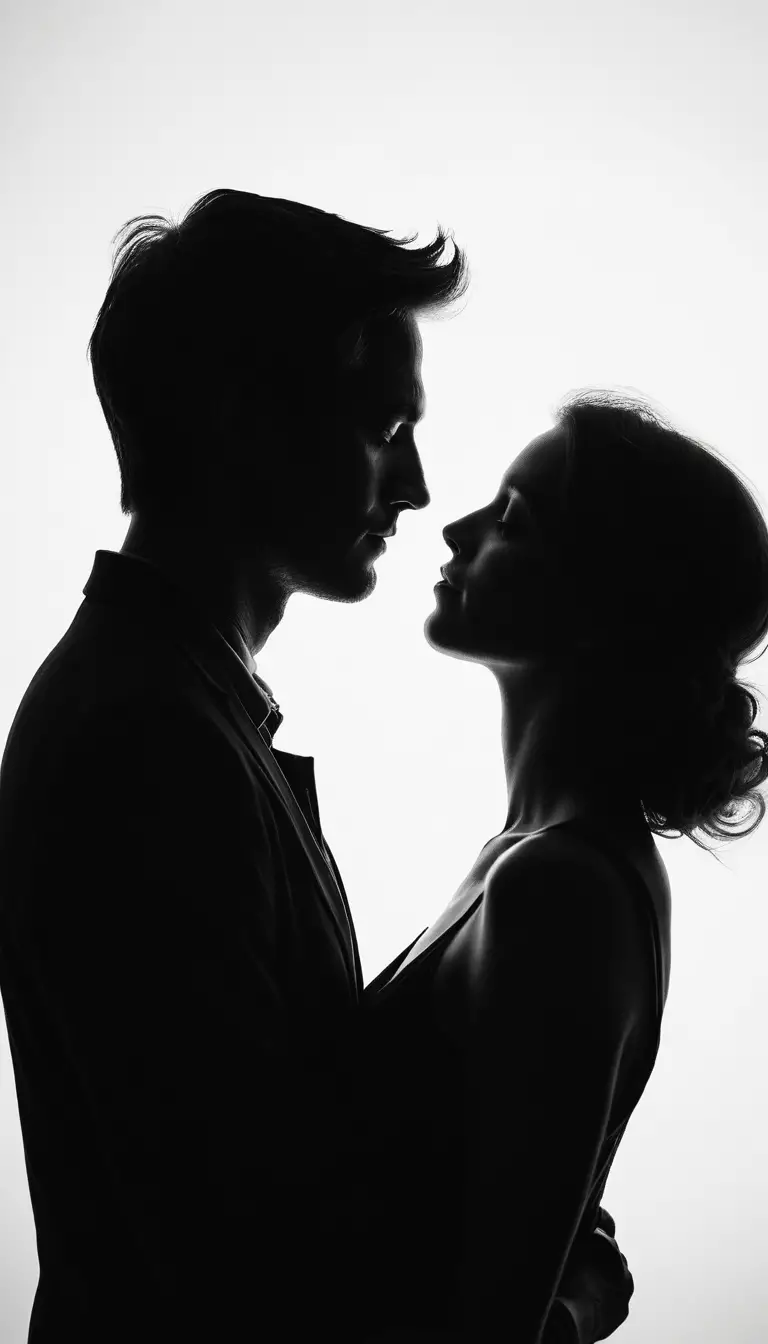 Double exposure woman profile with embracing couple silhouettes