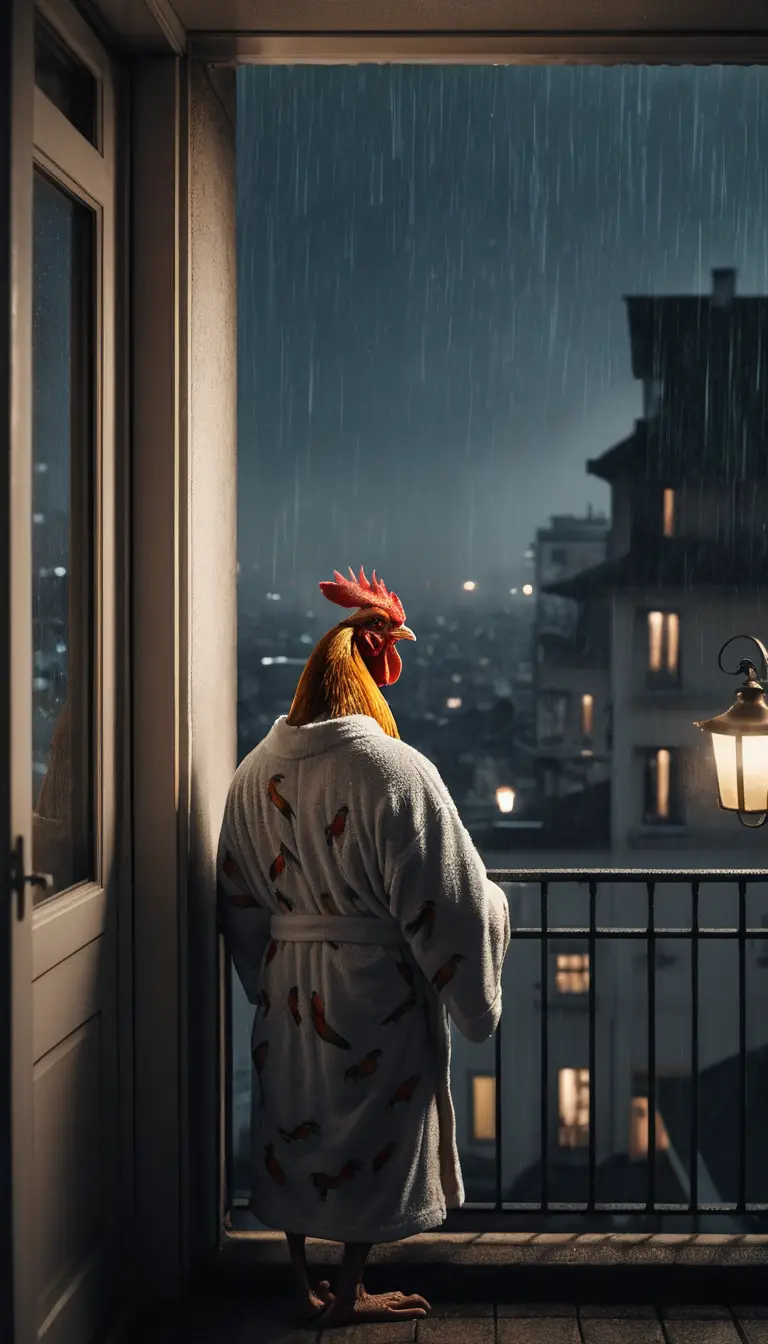 Rooster In Bathrobe Smoking On Rainy City Balcony