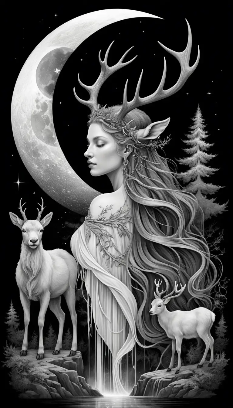 Forest goddess with antlers moonlit hair and animals