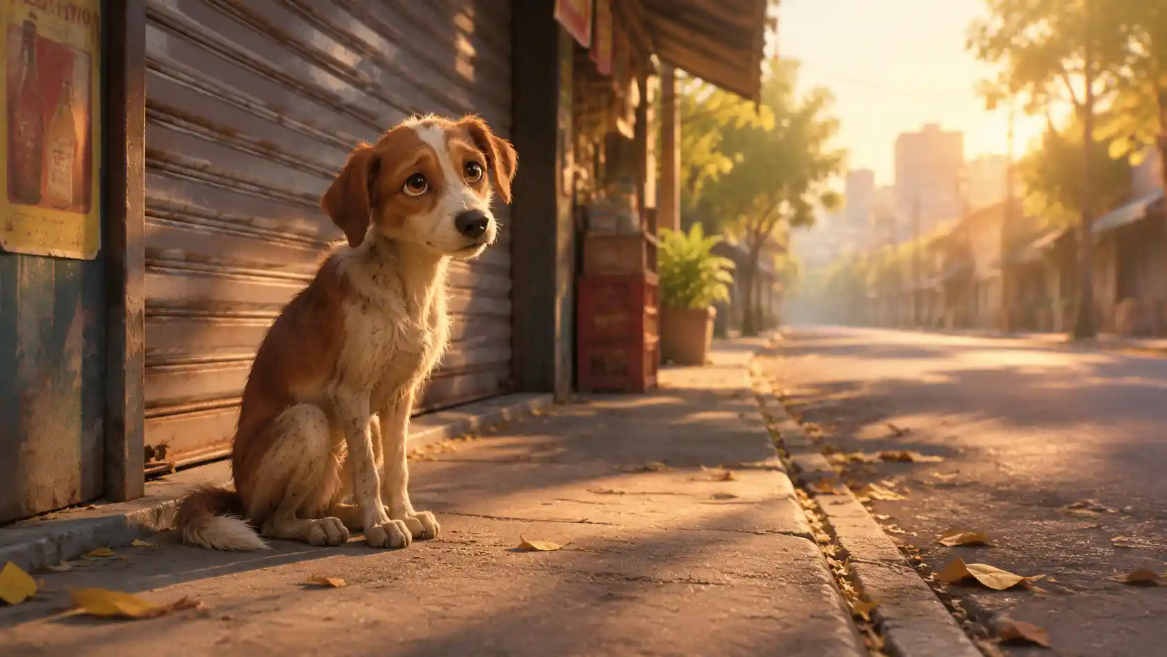 Lonely street dog in soft golden morning sunlight