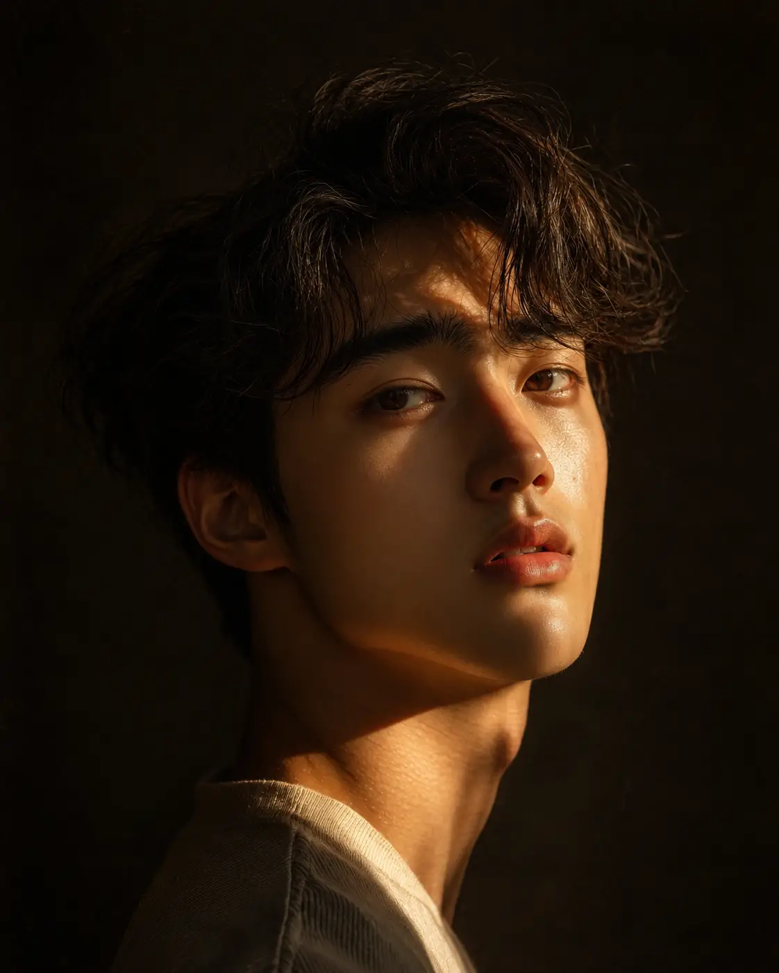 Baroque inspired close up portrait with dramatic chiaroscuro