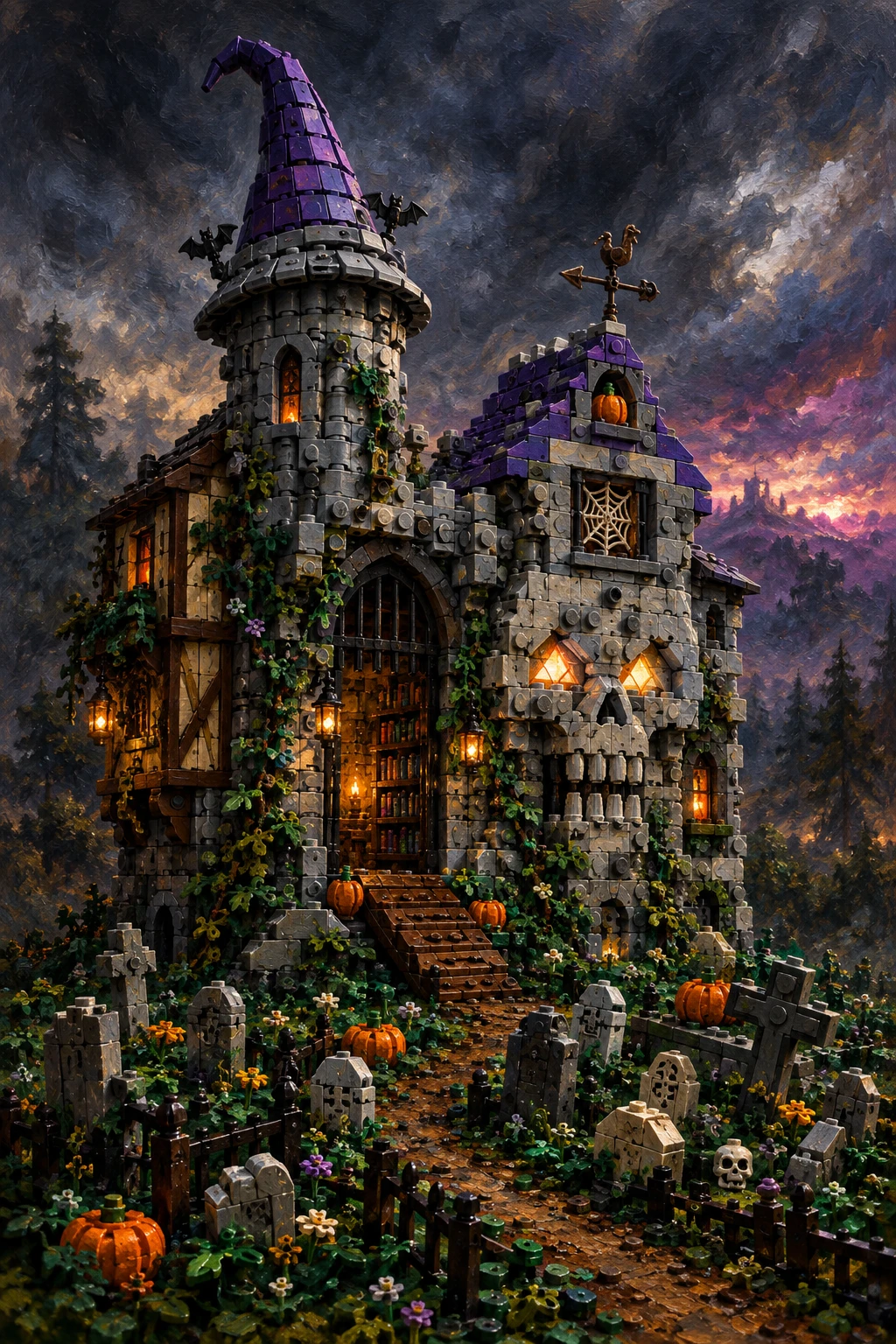 Tableau de Château Hanté en Lego au Crépuscule Orageux avec Cimetière