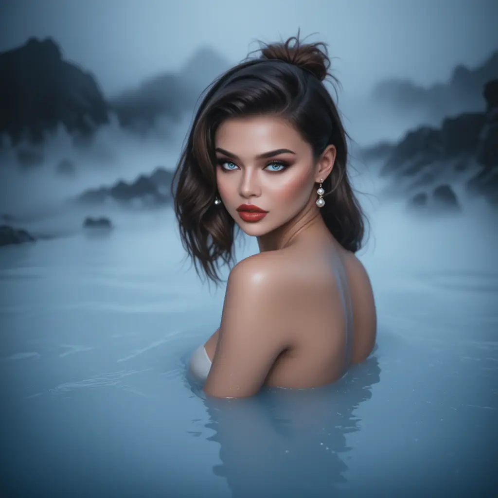 Young blonde woman in a steaming geothermal spa portrait