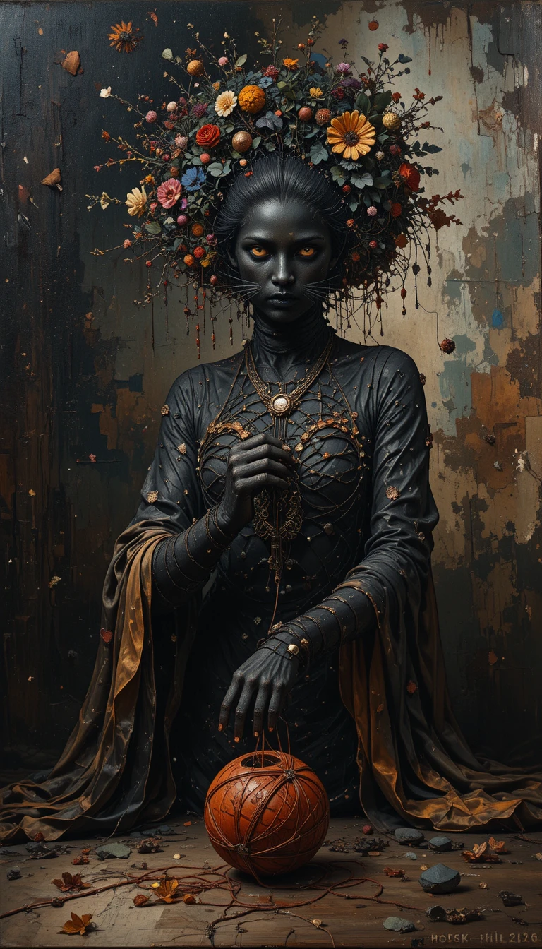 Black cat playing with tangled string in dark oil painting