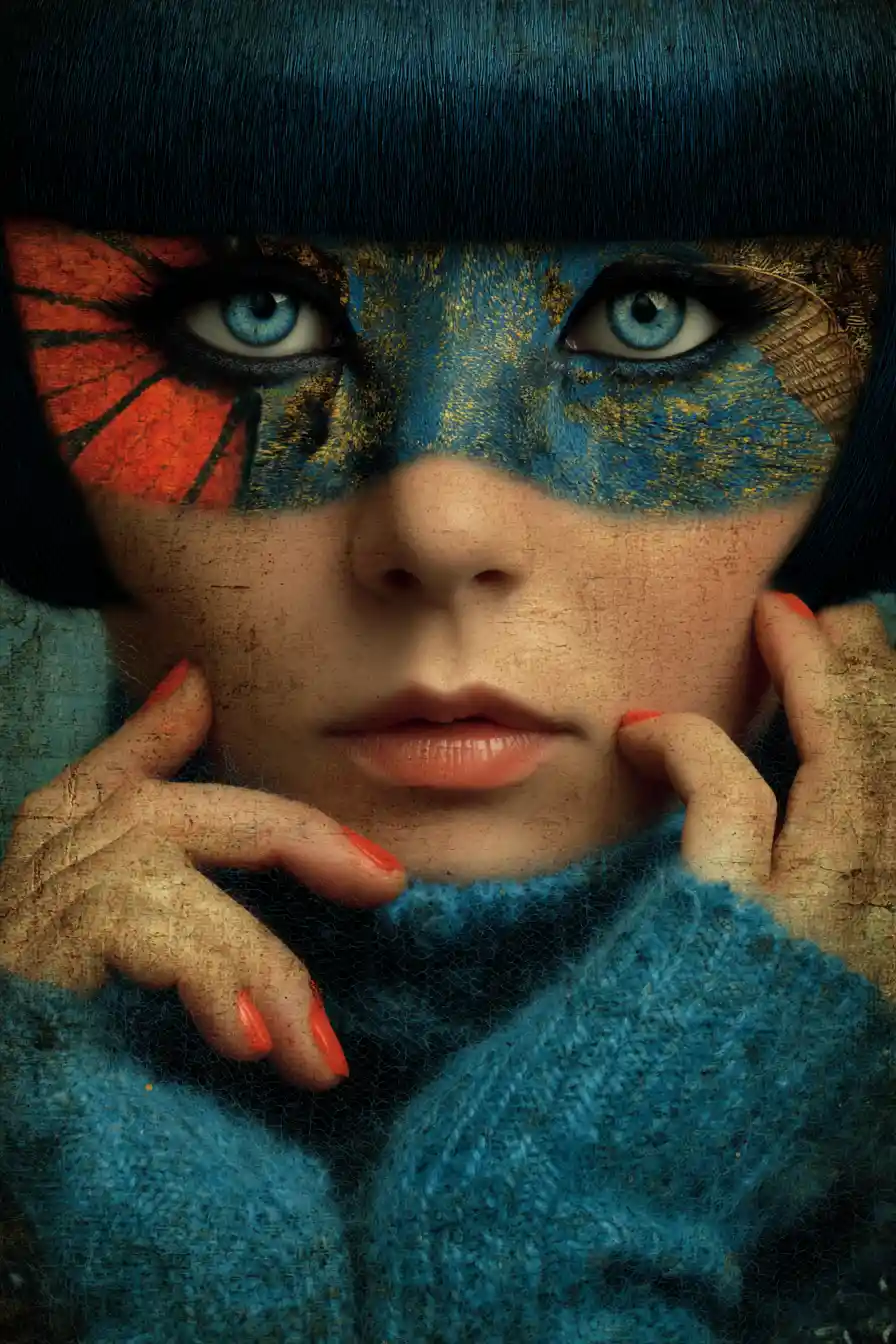 Surreal glamorous cat with striking blue green eyes