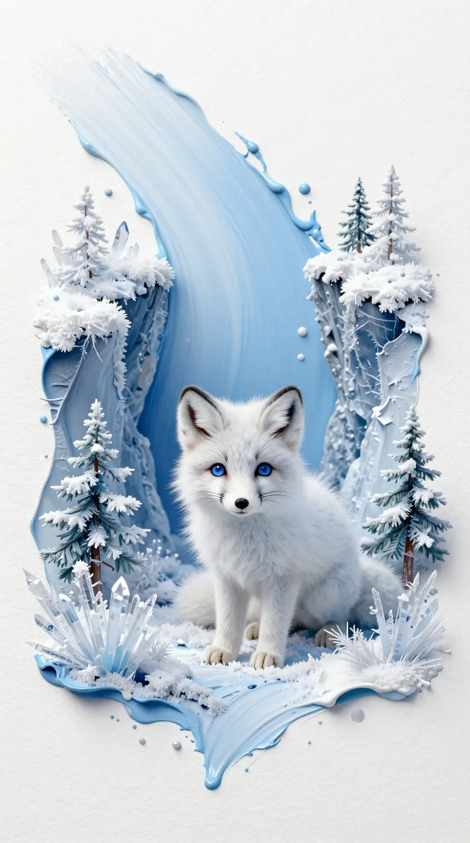 Tiny arctic fox in a surreal ice painted miniature canyon