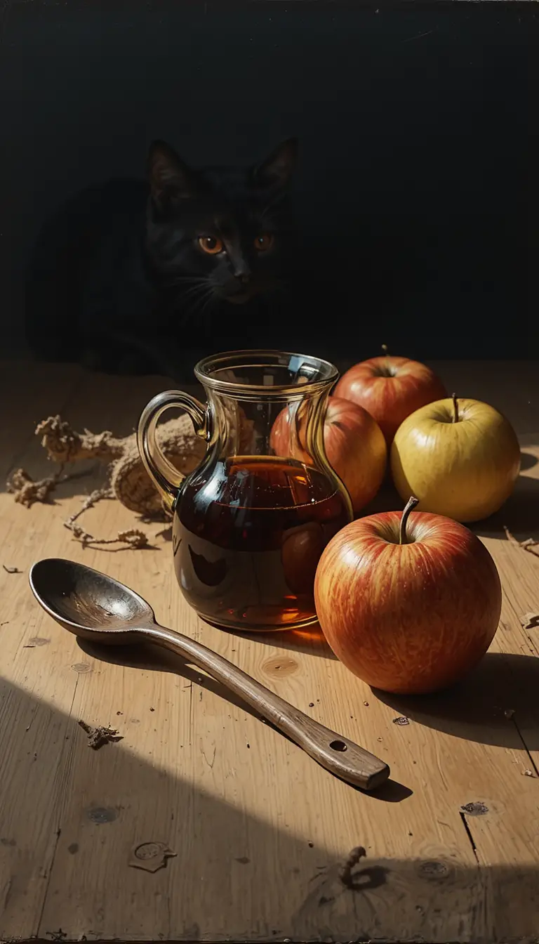 Still life with apples and glass carafe on wooden table