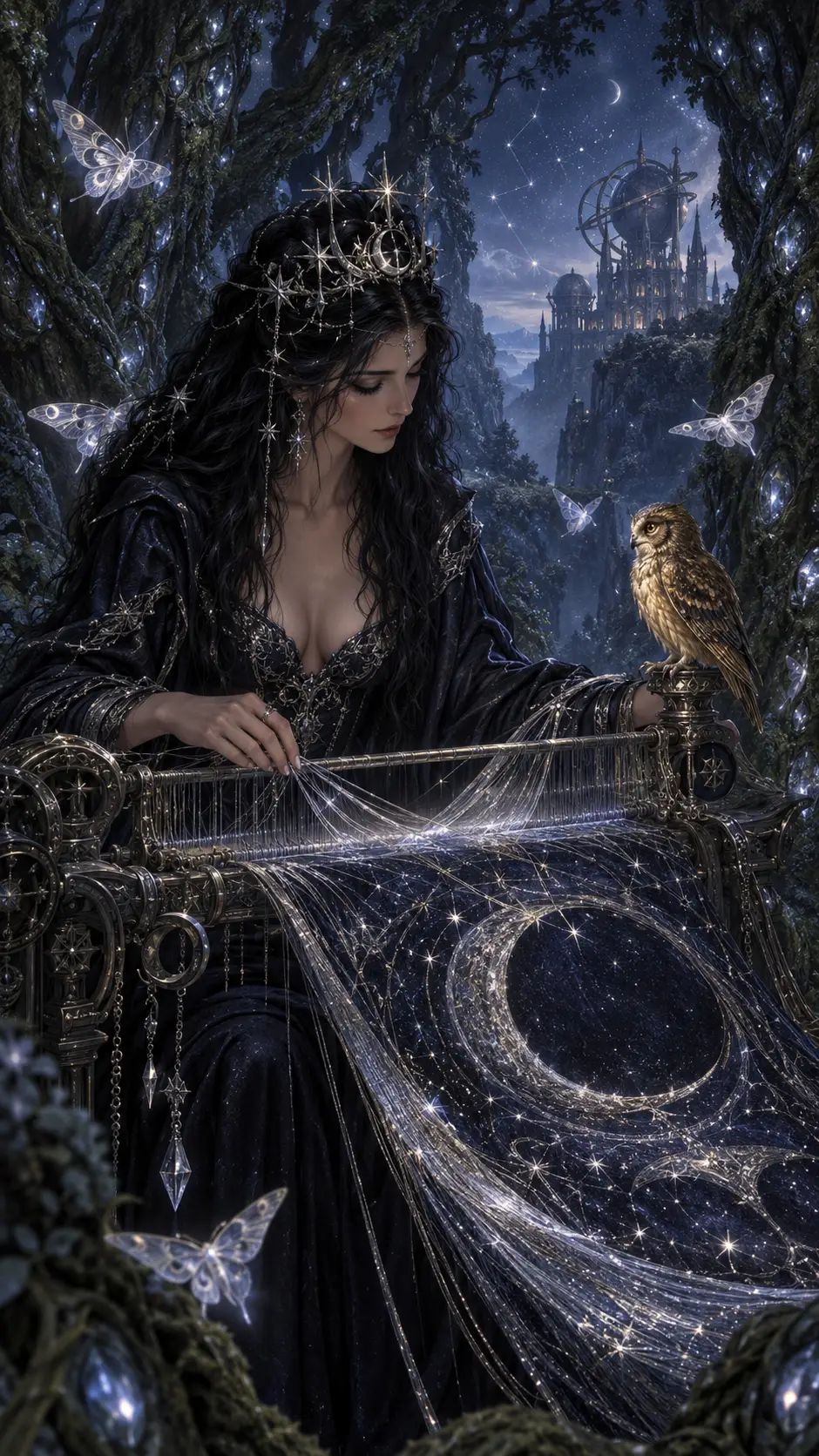 Regal sorceress weaving a celestial moonlit tapestry