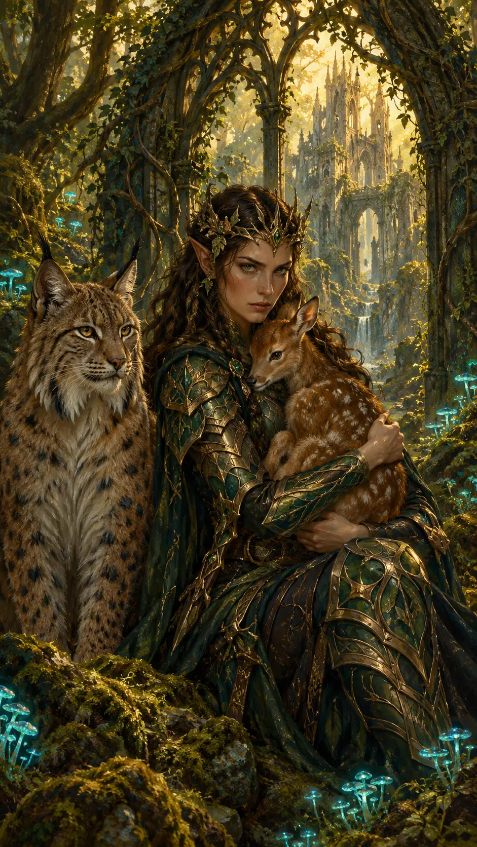 Fae warrior queen cradling a fawn in ancient forest