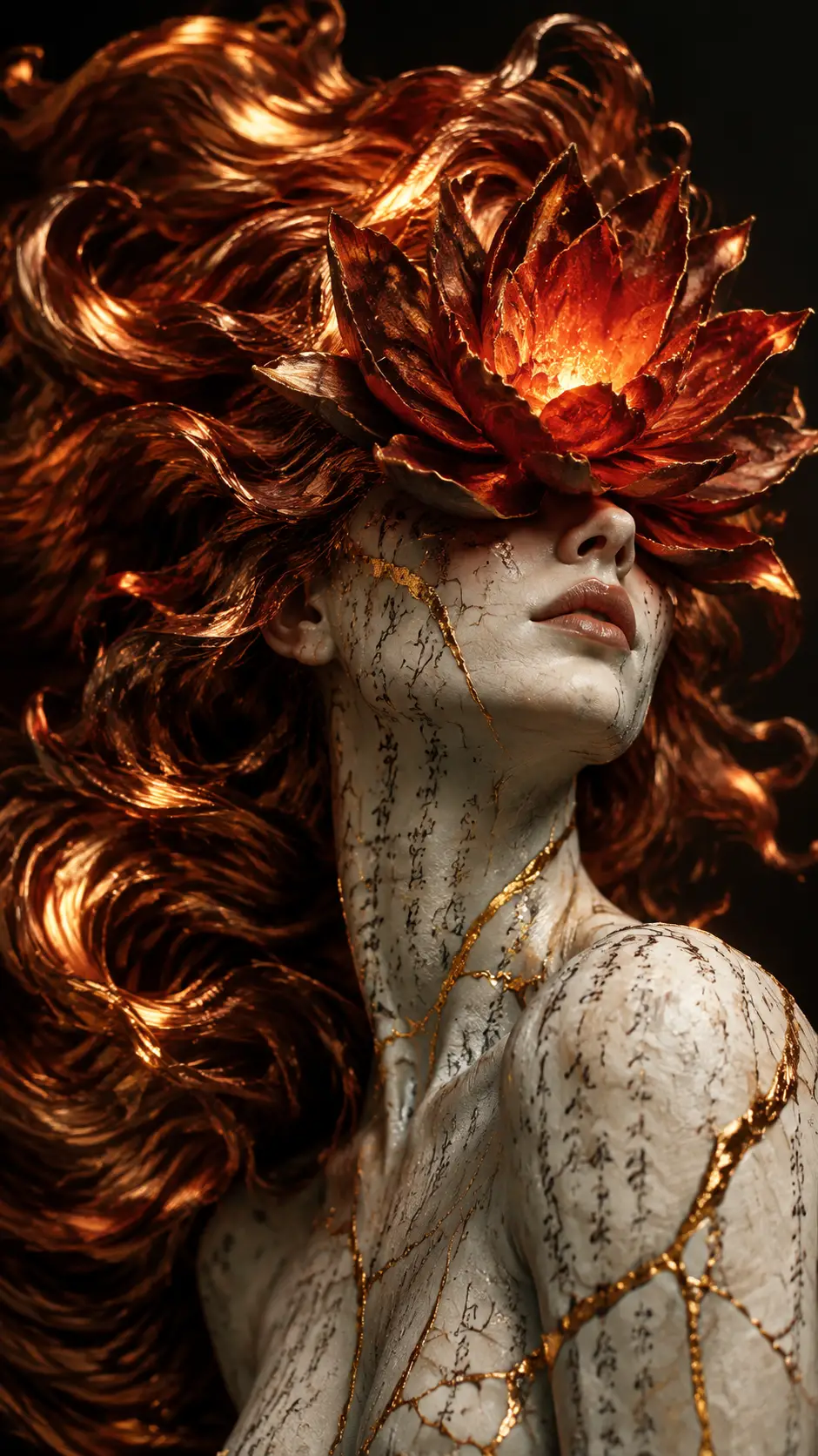 Surreal portrait of a porcelain woman with ember lotus