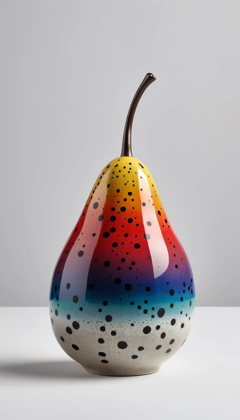 Glossy pear shaped ceramic sculpture with colorful enamel dots