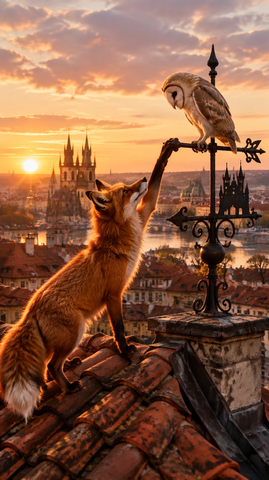 Red fox and owl on a Prague rooftop at sunset