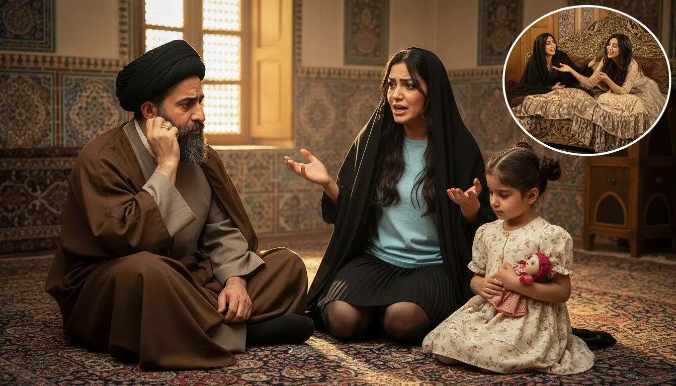 Woman kneeling before cleric in warm Persian interior