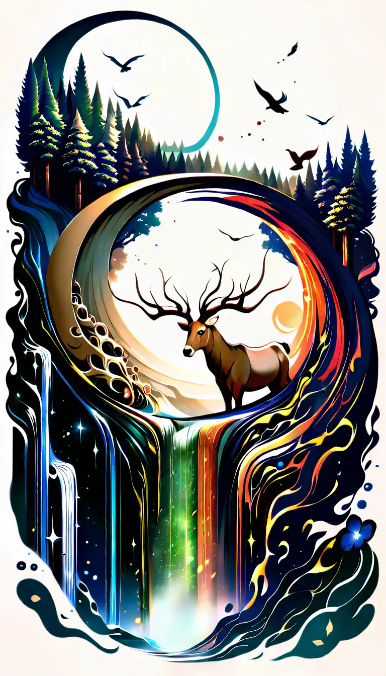 Forest goddess with crescent moon hair and animal companions