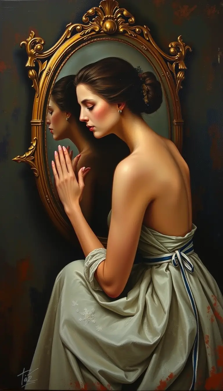 Elegant woman seated before an old mirror in oil painting