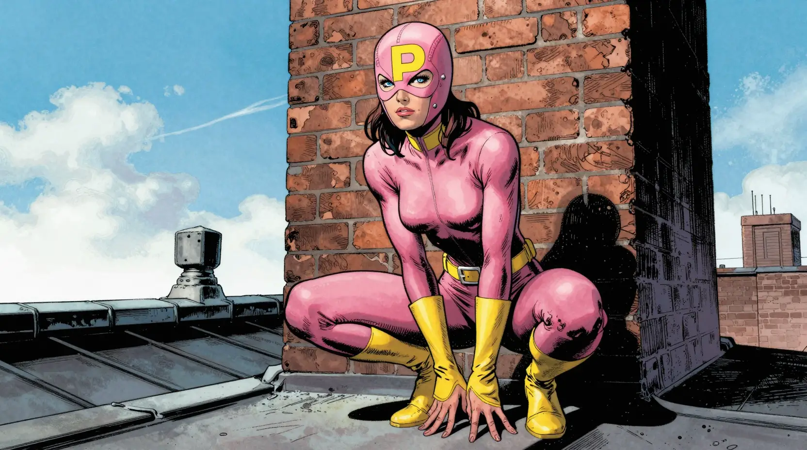 Pink masked superhero crouching on a city rooftop