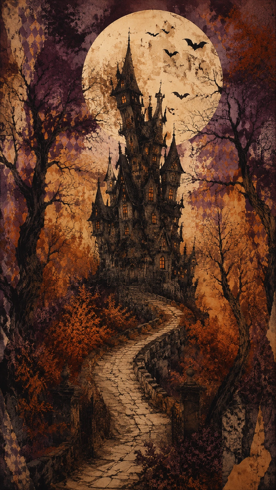 Gothic Manor Towering Above A Moonlit Autumn Forest Path