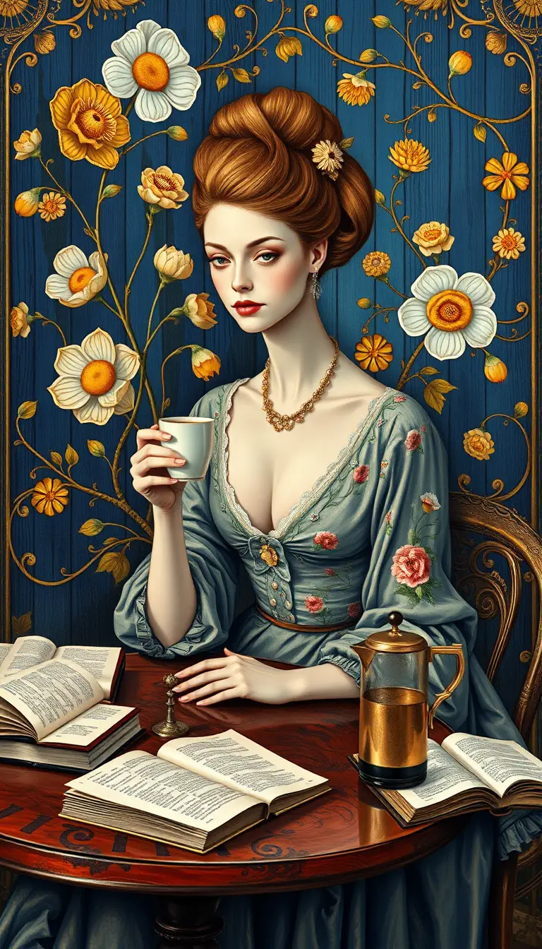 Elegant belle epoque woman with coffee in art nouveau cafe