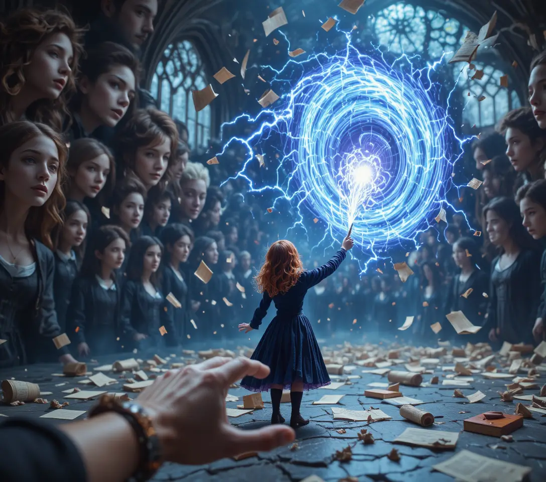 Young witch apprentice unleashing chaotic blue magic vortex