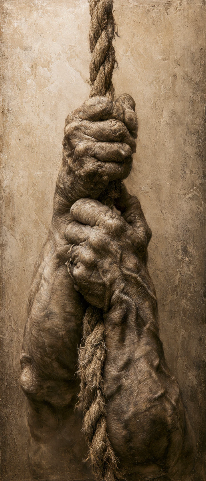 Weathered hands straining to hold a fraying rope