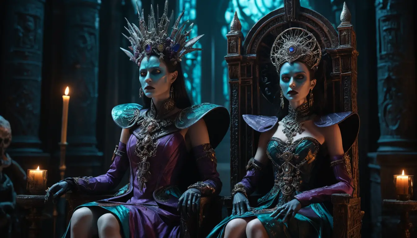 Dark queens on a macabre throne in a fantasy hall