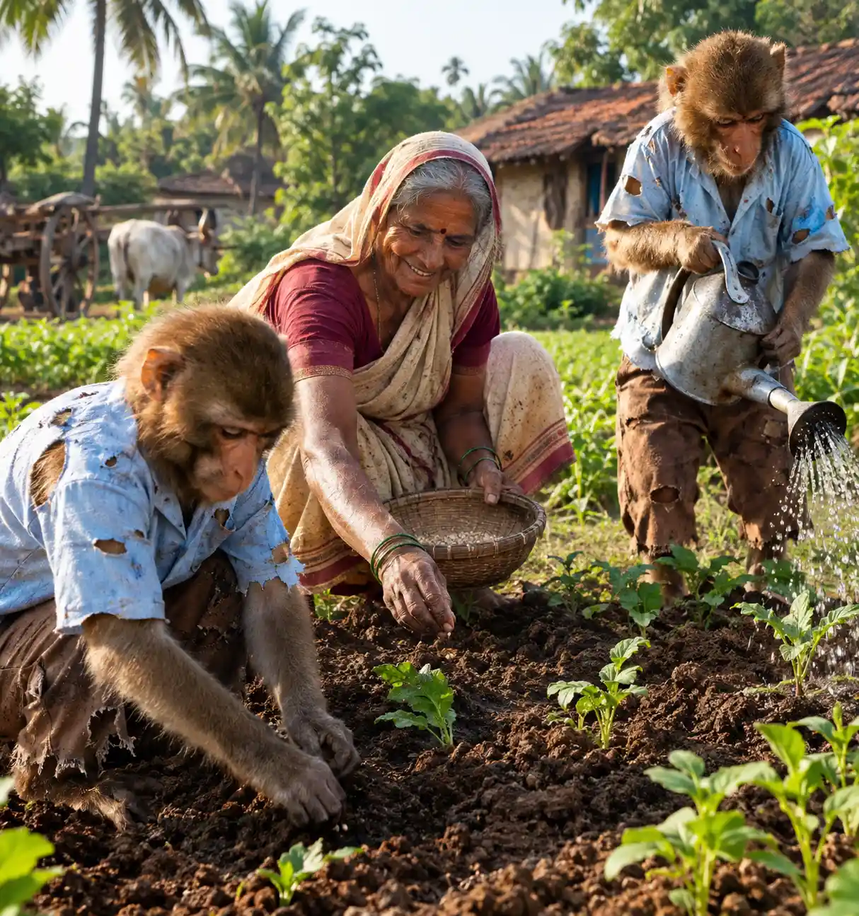 Two Monkeys Farming With Grandmother In Green Village Field