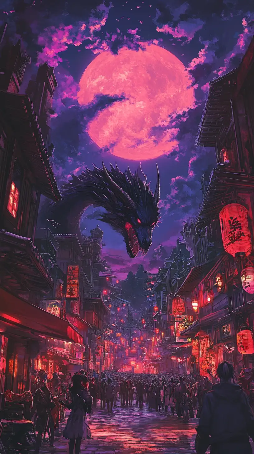 Anime dragon with glowing aura above a masked carnival crowd