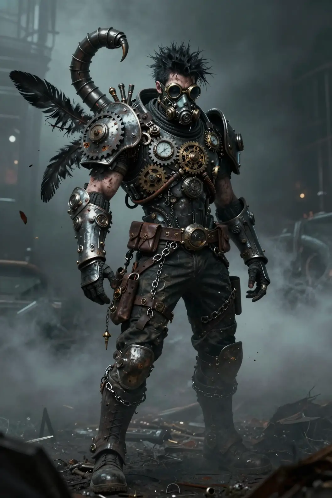 Steampunk wasteland warrior standing in drifting industrial smoke