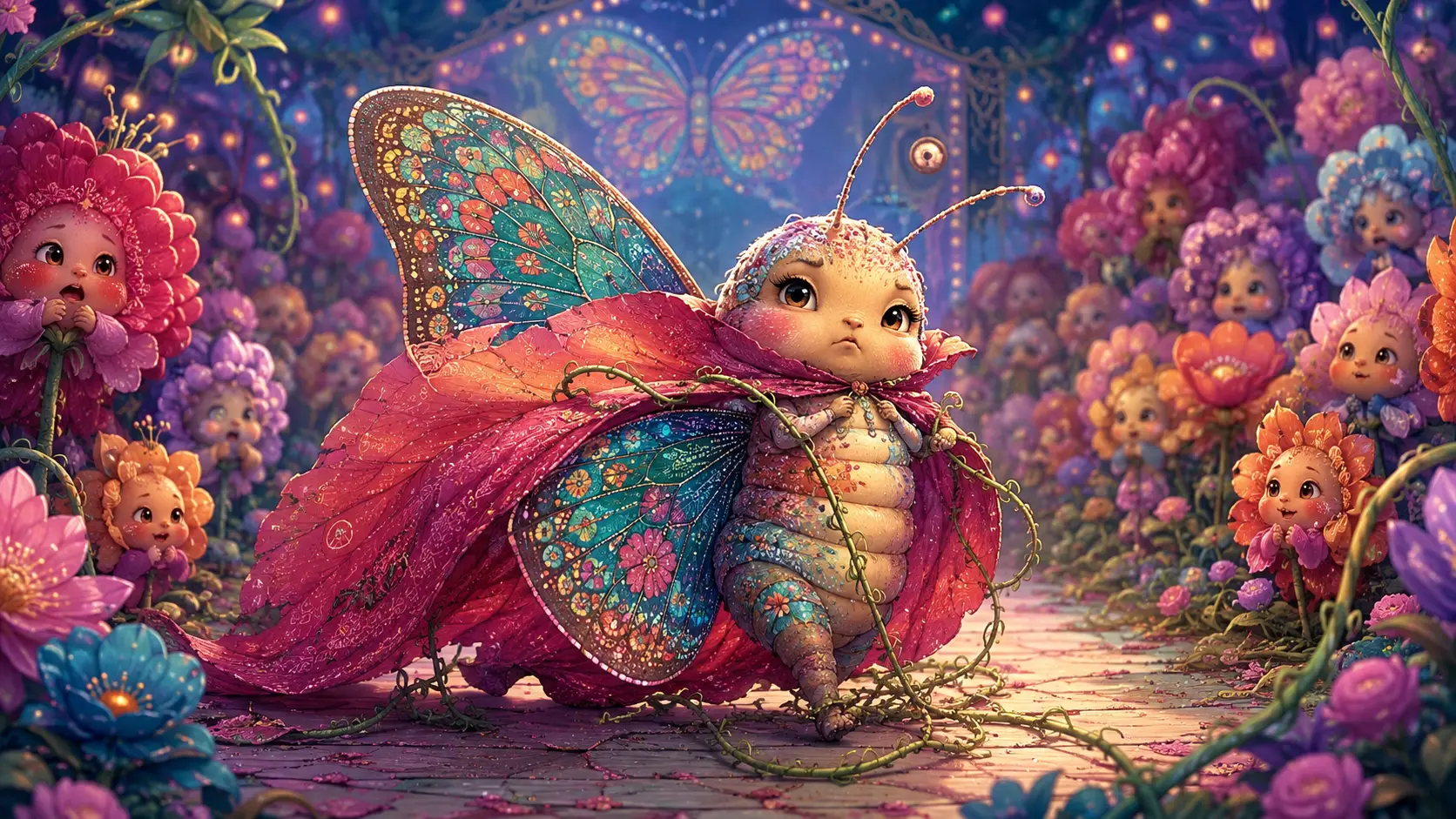 Cute baby butterfly in an oversized flower petal cape